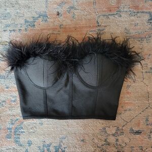 Black Feather Trim Strapless Top